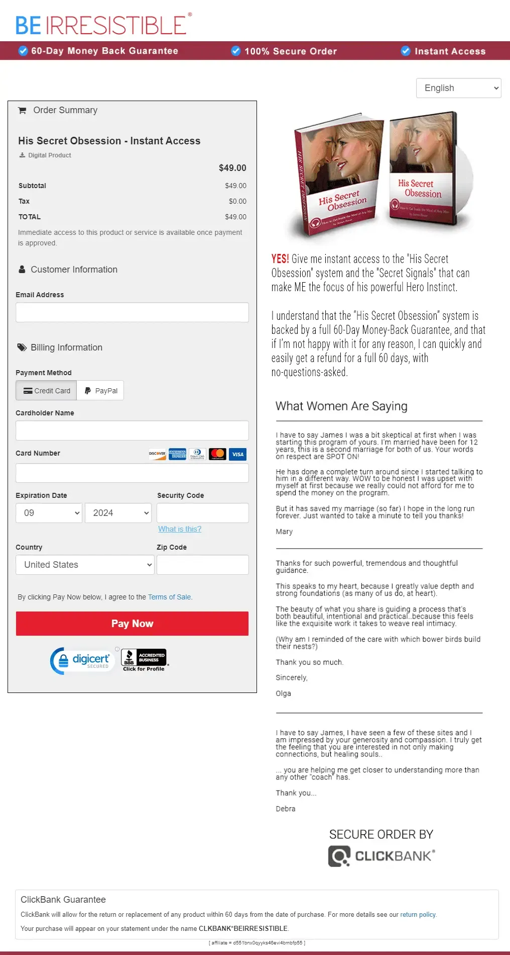 Order form for instant access to His Secret Obsession digital download